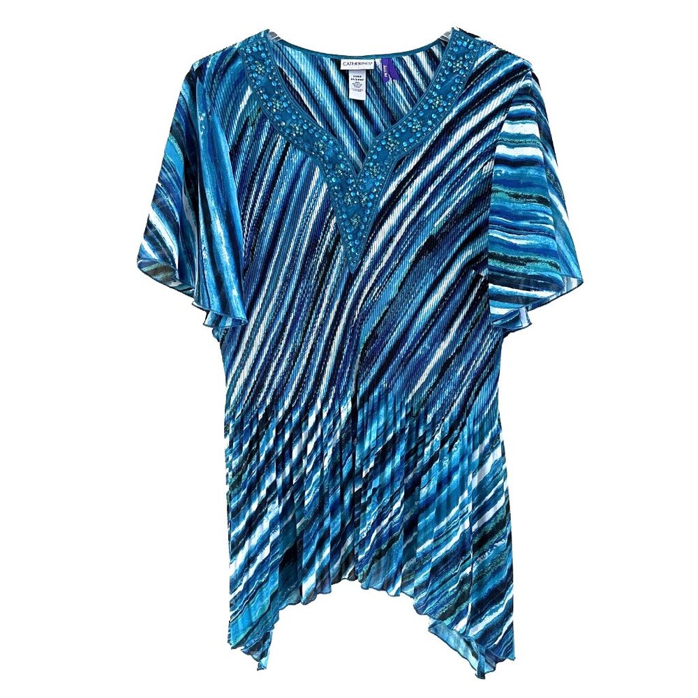 Catherines Pleated Asymmetrical Hem Beaded Top Shirt Blouse 3X Petite V-neck
